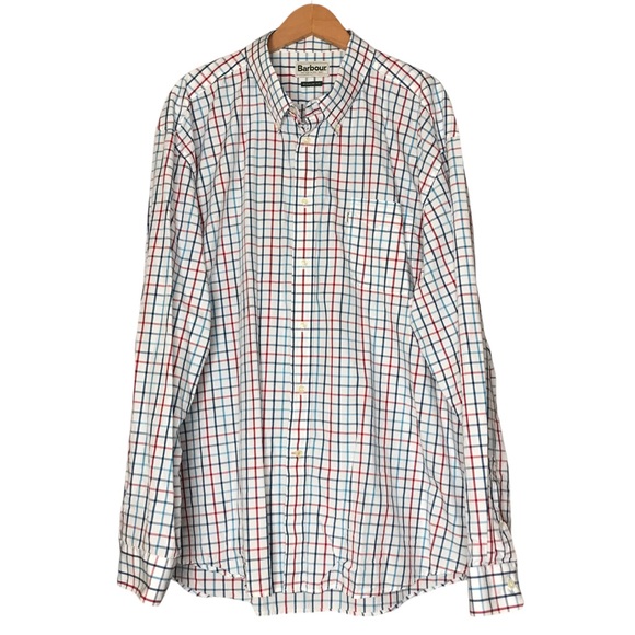 Barbour Large Checks Button Down Collar Shirt Cotton White Blue Long Sleeve XXL - Picture 1 of 13